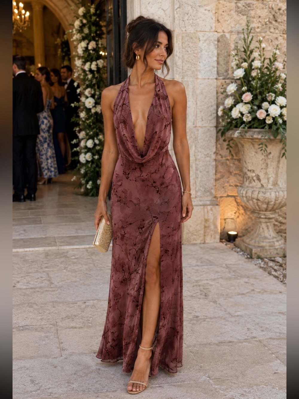 Anthropologie Mauve Halter Maxi Dress with Cowl Neck and Thigh Slit